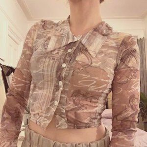 Crop button mesh script angel nautical top NWT